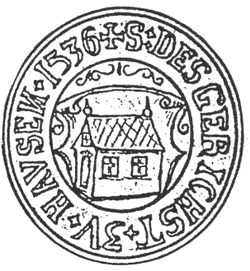 Siegel des Gerichts zu Hausen 1536  mit St. Jostkapelle (aus: H. U. Colmar, Aus Niedernhausens Vergangenheit)